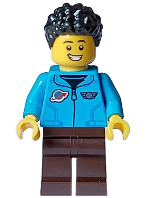 Cozy House Resident - Male, Dark Azure Jacket with Classic Space Logo, Dark Brown Legs, Black Short Coiled Hair