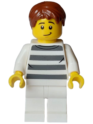 Police - City Bandit Crook Male, White Shirt with Dark Bluish Gray Prison Stripes, White Legs, Reddish Brown Hair