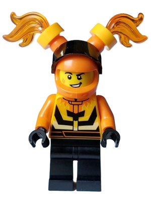 Stuntz Driver - Male, Bright Light Orange and Black Jacket, Black Legs, Orange Helmet with Flames and Black Visor