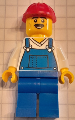 Construction Worker - Male, Blue Overalls over V-Neck Shirt, Blue Legs, Red Construction Helmet, Moustache