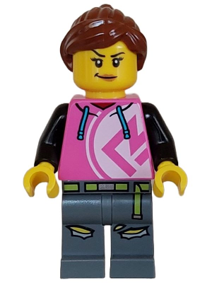 Kick Scooter Driver - Female, Dark Pink Hoodie, Dark Bluish Gray Legs