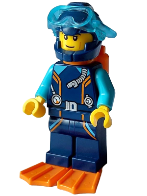 Arctic Explorer Diver - Male, Dark Blue Diving Suit and Helmet, Orange Air Tanks and Flippers, Trans-Light Blue Diver Mask, Grin