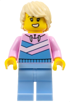 Tuk Tuk Driver - Female, Bright Pink Hoodie with Medium Blue and White Diagonal Stripes, Bright Light Blue Legs, Tan Tousled Hair