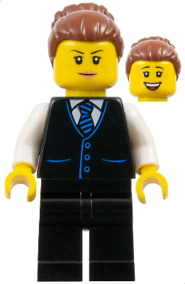 Hotel Receptionist - Female, Black Vest with Blue Striped Tie, Black Legs, Reddish Brown Hair