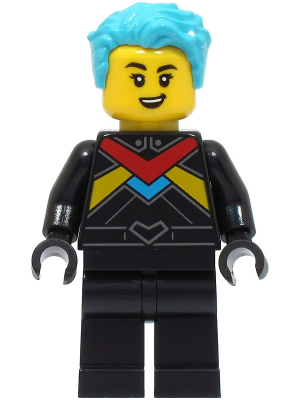 Race Boat Driver - Female, Black Racing Suit with Red, Dark Azure and Bright Light Orange Stripes, Medium Azure Hair