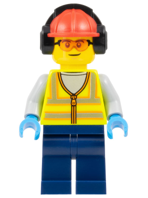 Airport Worker - Male, Neon Yellow Safety Vest with Reflective Stripes, Dark Blue Legs, Red Construction Helmet with Black Ear Protectors / Headphones, Safety Glasses