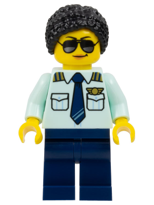 Passenger Plane Pilot - Female, Light Aqua Uniform Shirt with Tie, Dark Blue Legs, Black Hair Braided with Knot Bun, Sunglasses
