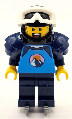 Ice Hockey Player - Male, Dark Azure and Dark Blue Shirt with Mountains, Dark Blue Legs and Shoulder Pads, Black Helmet, White Goggles, Ice Skates