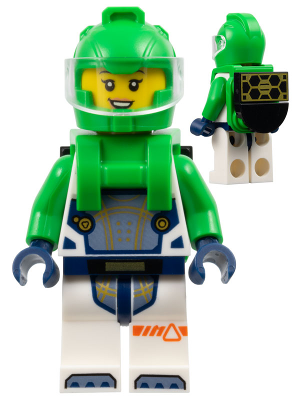 Astronaut - Female, White Spacesuit with Bright Green Arms, Bright Green Helmet, Trans-Clear Visor, Bright Green Harness with Solar Panel, Open Mouth