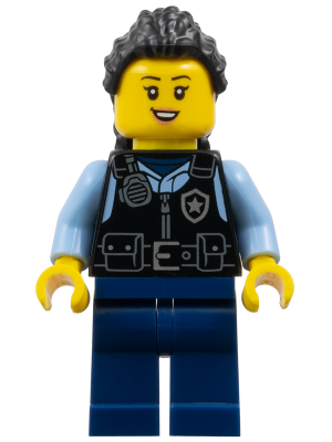 Police - City Officer Female, Black Safety Vest with Silver Star Badge Logo, Dark Blue Legs, Black Hair Long with Braided Ponytail