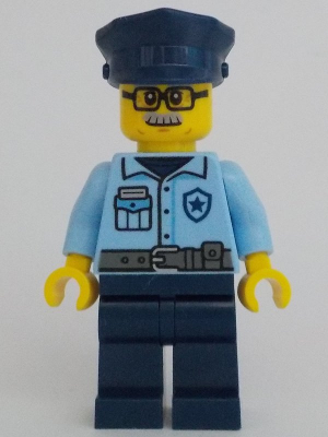 Police - City Officer Male, Bright Light Blue Uniform with Dark Bluish Gray Belt, Dark Blue Legs, Dark Blue Police Hat, Glasses, Moustache