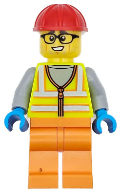 Construction Worker - Male, Neon Yellow Safety Vest with Reflective Stripes, Orange Legs, Red Construction Helmet, Black Glasses