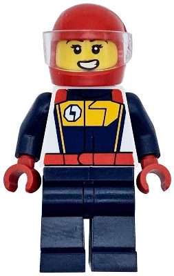 Race Car Driver - Female, White, Dark Blue and Bright Light Orange Racing Suit, Dark Blue Legs, Red Helmet
