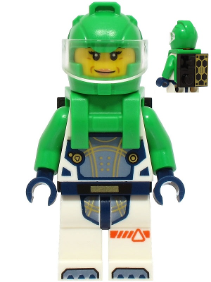 Astronaut - Female, White Spacesuit with Bright Green Arms, Bright Green Helmet, Trans-Clear Visor, Bright Green Harness with Solar Panel and Black Clip