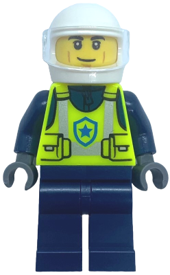 Police - City Officer Male, Neon Yellow Safety Vest, Dark Blue Legs, White Helmet, Trans-Clear Visor