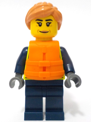 Police - City Officer Female, Neon Yellow Safety Vest, Dark Blue Legs, Nougat Hair Ponytail, Orange Life Jacket