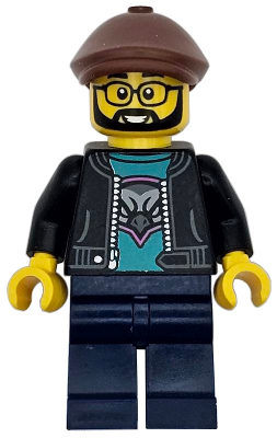 Race Truck Driver - Male, Black Jacket over Dark Turquoise Shirt with Hawk Head Logo, Dark Blue Legs, Reddish Brown Flat Cap, Beard, Glasses