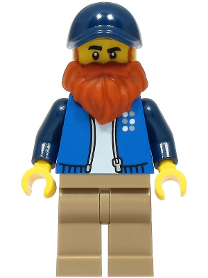 LEGO Truck Driver - Male, Blue Jacket over White Shirt, Dark Tan Legs, Dark Blue Cap, Dark Orange Beard