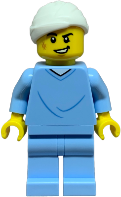 Hospital Bed Soapbox Race Car Driver (Patient) - Male, Bright Light Blue Hospital Gown and Legs, White Head Bandage, Scuff Mark