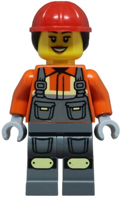 Construction Worker - Female, Dark Bluish Gray Overalls over Reddish Orange Safety Jacket with Reflective Stripes, Dark Bluish Gray Legs with Knee Pads, Red Construction Helmet with Dark Brown Ponytai