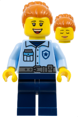 Donut Truck Customer (Police) - City Officer Female, Bright Light Blue Uniform with Dark Bluish Gray Belt, Dark Blue Legs, Dark Orange Hair with Bun, Freckles