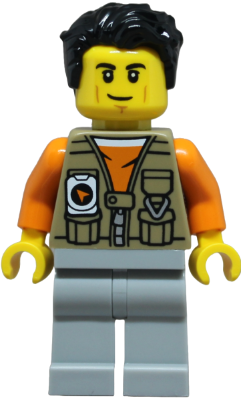 Adventurer - Male, Dark Tan Vest over Orange Shirt, Light Bluish Gray Legs, Black Hair