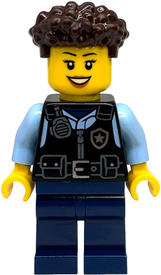 Police - City Officer Female, Black Safety Vest with Silver Star Badge Logo, Dark Blue Legs, Dark Brown Coiled Hair