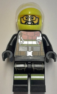 Fire - Male, Black Jacket and Legs with Reflective Stripes and Red Collar, Neon Yellow Helmet, Trans-Clear Visor