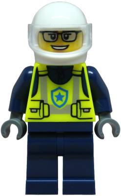 Police - City Officer Female, Neon Yellow Safety Vest, Dark Blue Legs, White Helmet, Trans-Clear Visor