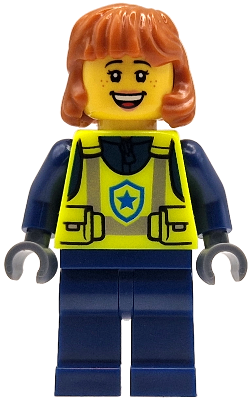 Police - City Officer Female, Neon Yellow Safety Vest, Dark Blue Legs, Dark Orange Mid Length Hair