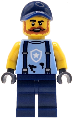 Police Mechanic - Male, Bright Light Blue Shirt with Suspenders, Black Splotches and White Star Badge Logo, Dark Blue Legs and Cap, Dark Orange Beard