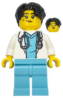 Doctor - Female, White Lab Coat with Stethoscope, Medium Azure Scrubs, Black Hair