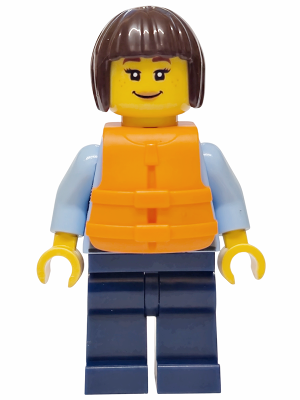 Police - City Officer Female, Bright Light Blue Uniform with Dark Bluish Gray Belt, Dark Blue Legs, Dark Brown Bob Cut Hair, Orange Life Jacket