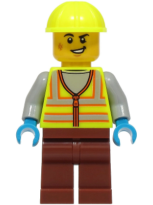 Train Worker - Male, Neon Yellow Safety Vest with Reflective Stripes, Reddish Brown Legs, Neon Yellow Construction Helmet