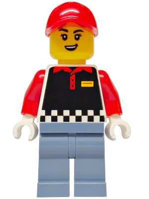 Fries Food Truck Vendor - Female, Black Vest, Sand Blue Legs, Red Cap