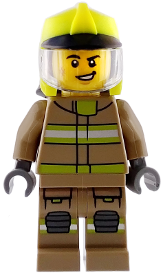 Fire - Male, Dark Tan Jacket and Legs with Reflective Stripes, Neon Yellow Fire Helmet, Trans-Clear Visor, Scuff Mark