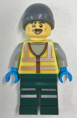 Snowplow Driver - Male, Neon Yellow Safety Vest with Reflective Stripes, Dark Green Legs with Reflective Stripes, Gray Beanie