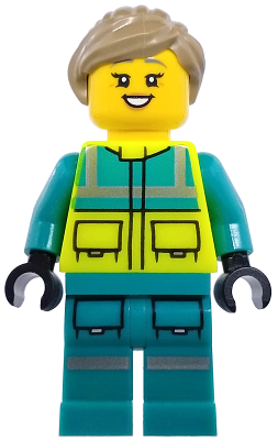 Paramedic - Female, Dark Turquoise and Neon Yellow Safety Vest, Legs with Silver Reflective Stripes, Dark Tan Hair