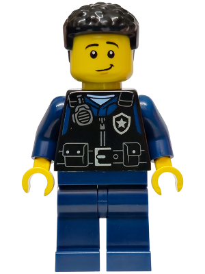 Police - City Officer Male, Black Safety Vest with Silver Star Badge Logo, Dark Blue Legs, Black Coiled Hair