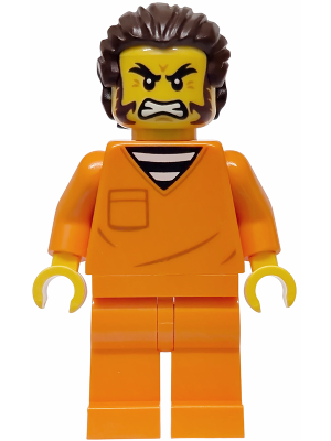 Police - City Jail Prisoner Male, Orange Prison Jumpsuit, Dark Brown Hair and Sideburns