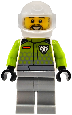 Race Car Driver - Male, Lime Racing Suit with Leopard Logo, Light Bluish Gray Legs, White Helmet, Trans-Clear Visor, Beard Stubble, Open Mouth Smile