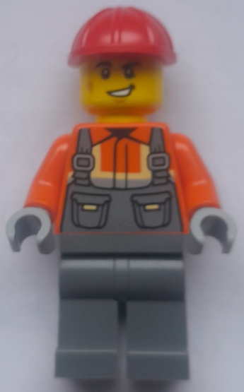 Construction Worker - Male, Dark Bluish Gray Overalls over Reddish Orange Safety Jacket with Reflective Stripes, Dark Bluish Gray Legs, Red Construction Helmet, Lopsided Grin and Scuff