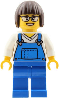 Truck Driver - Female, Blue Overalls over V-Neck Shirt, Blue Legs, Dark Brown Bob Cut Hair, Glasses