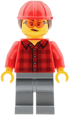 Mobile Crane Operator - Female, Red Plaid Flannel Shirt, Dark Bluish Gray Legs, Red Construction Helmet with Dark Brown Ponytail Hair, Safety Glasses