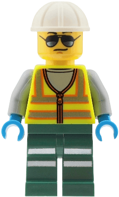 Train Worker - Male, Neon Yellow Safety Vest with Reflective Stripes, Dark Green Legs with Reflective Stripes, White Construction Helmet, Sunglasses