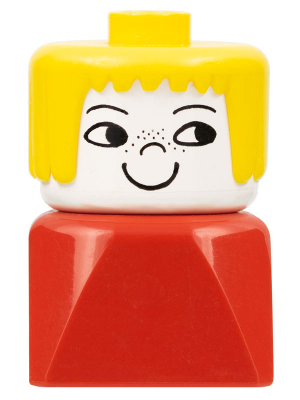 Duplo 2 x 2 x 2 Figure Brick Early, Female on Red Base, Yellow Hair, Freckles