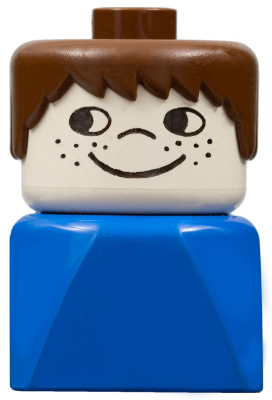 Duplo 2 x 2 x 2 Figure Brick Early, Male on Blue Base, Brown Hair, Cheek Freckles
