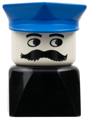 Duplo 2 x 2 x 2 Figure Brick Early, Male on Black Base, Blue Police Hat, Moustache