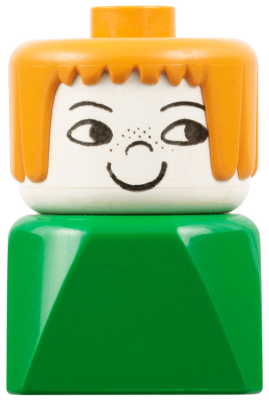 Duplo 2 x 2 x 2 Figure Brick Early, Female on Green Base, Earth Orange Hair, Nose Freckles