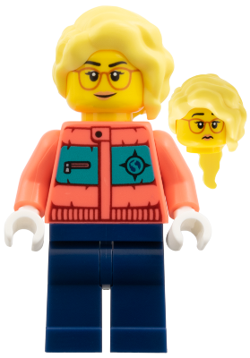Arctic Explorer Photographer - Female, Coral Jacket, Dark Blue Legs, Bright Light Yellow Long Hair